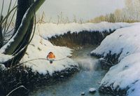 Winterstimmung am Handbach mit Rotkelchen, &Ouml;l auf Leinwand, 50 x 70 cm